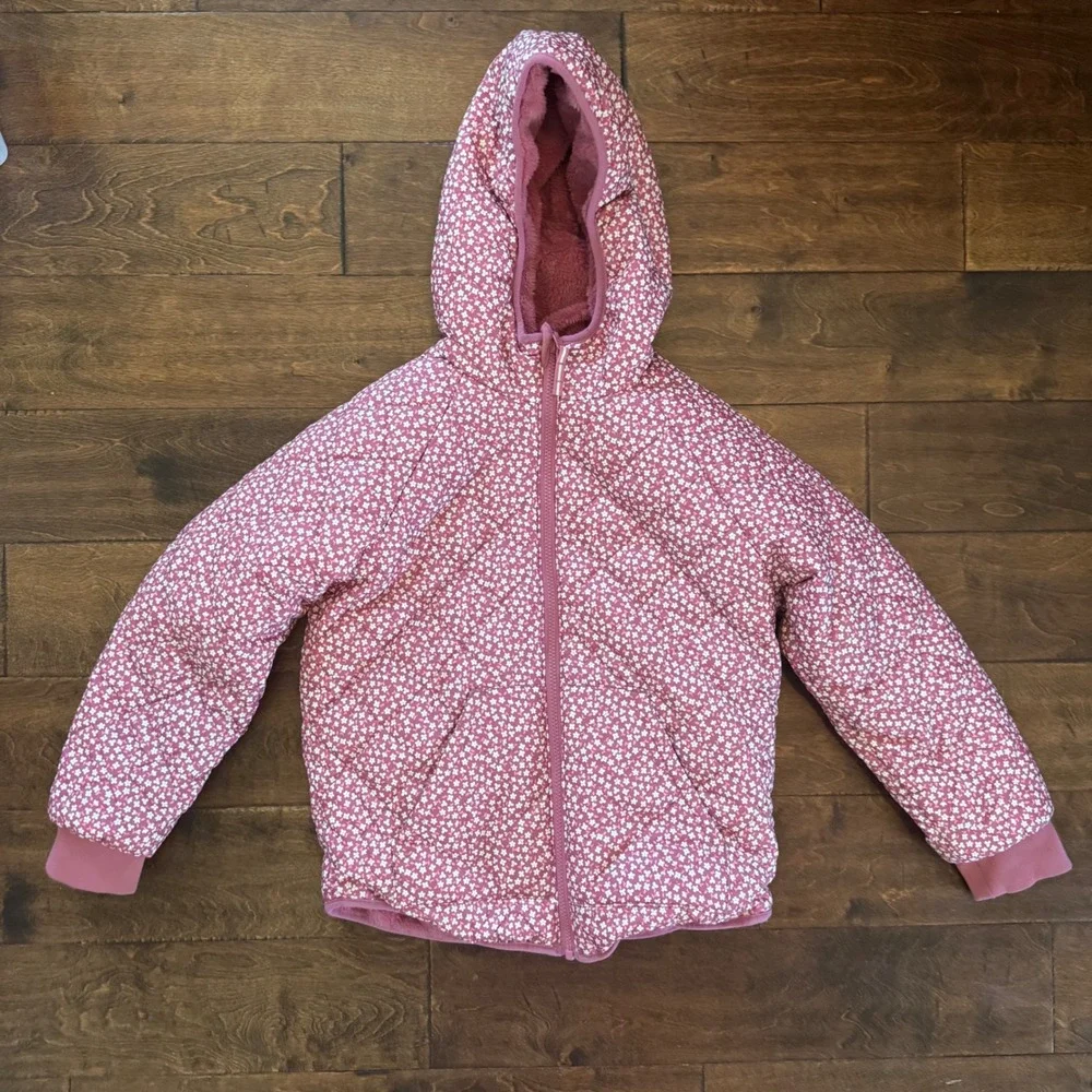 Cat & Jack Girls Pink Floral Quilted Puffer Jacket Faux Fur Lined Hooded L 10/12